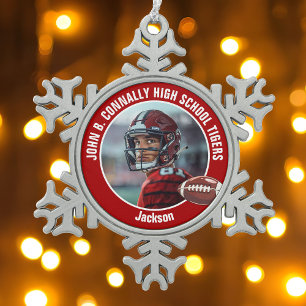 Rode Middelbare School Football Speler Foto Custom Tin Sneeuwvlok Ornament