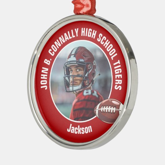 Rode Middelbare School Football Speler Foto Kerst Metalen Ornament (Links)