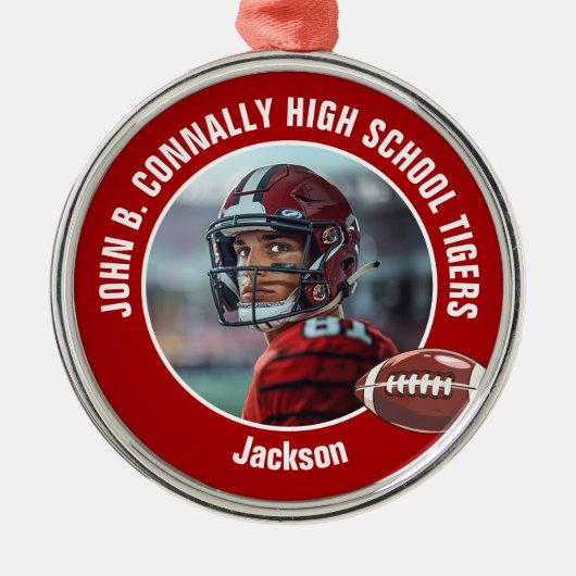 Rode Middelbare School Football Speler Foto Kerst Metalen Ornament (Voorkant)