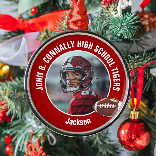 Rode Middelbare School Football Speler Foto Kerst Metalen Ornament