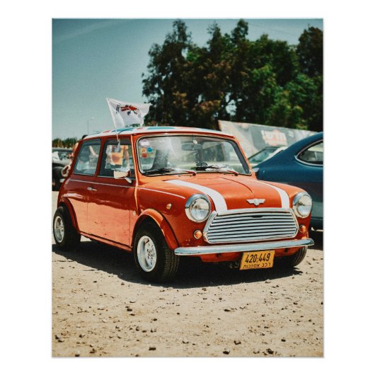 Rode mini cooper auto met union jack dak poster (Voorkant)