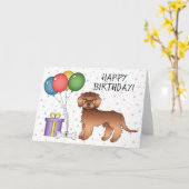Rode Mini Goldendoodle Cartoon Hond Gefeliciteerd Kaart (Gele Bloem)