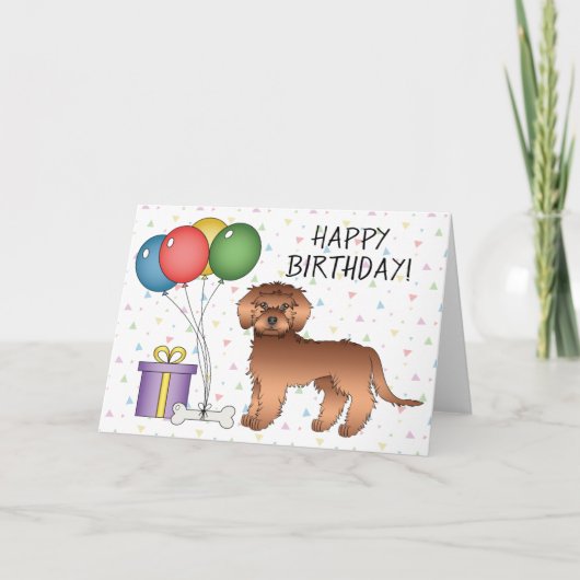 Rode Mini Goldendoodle Cartoon Hond Gefeliciteerd Kaart (Voorkant)