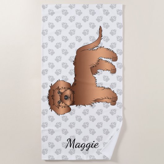 Rode Mini Goldendoodle Cartoon Hond & Naam Strandlaken (Voorkant)