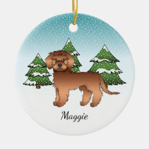 Rode Mini Goldendoodle - Winter Woud & Naam Keramisch Ornament