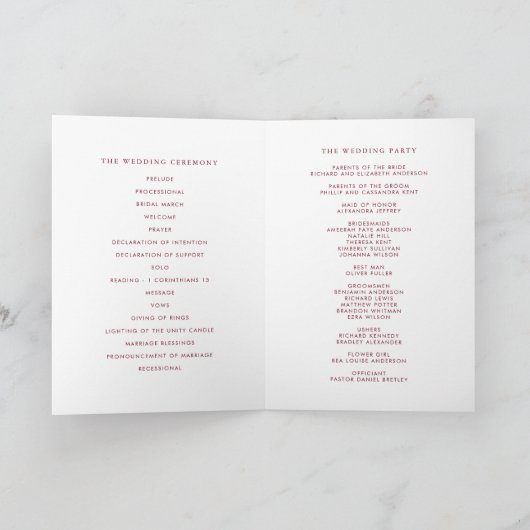 Rode minimalistische Dainty Script II-bruiloft Programma (Binnen)