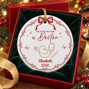 Rode Minimalistische Dokter Kerstmis Aangepaste Na Keramisch Ornament