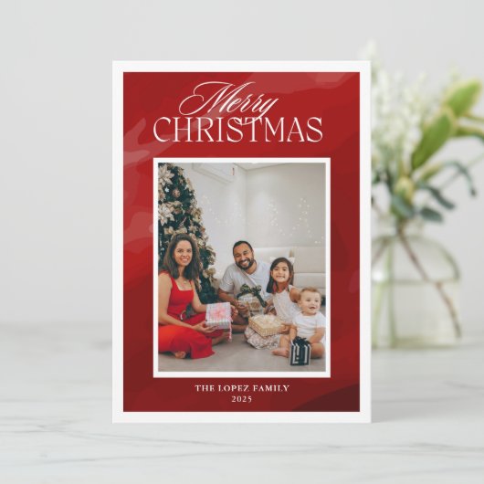 Rode minimalistische fotocollage Vrolijk kerstfees Feestdagenkaart (Staand voorkant)