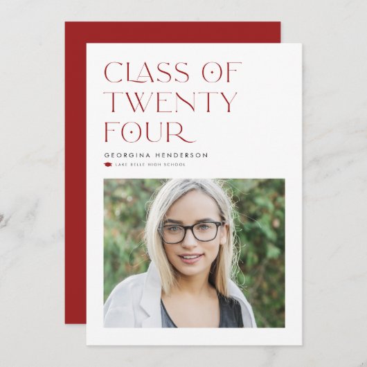 Rode minimalistische klasse van 2024 Foto Afstuder Aankondiging (Voorkant / Achterkant)