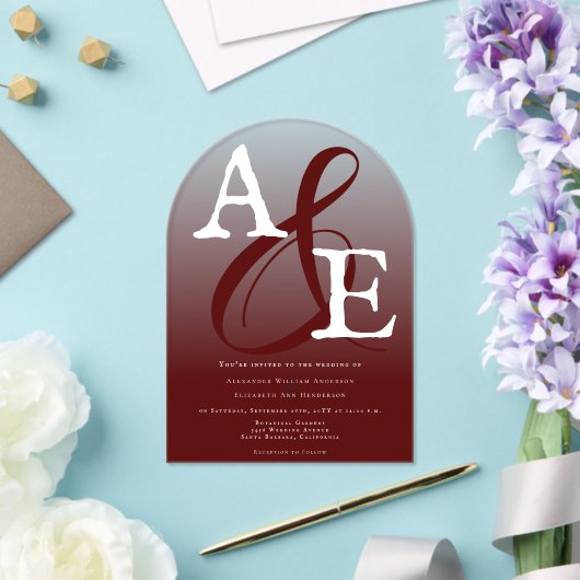 Rode Minimalistische Monogram Trouw Acryl Uitnodigingen (Insitu (Huwelijk))