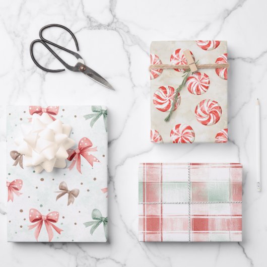 Rode Mint Crème Kerst Bogen Pepermunt Strepen Inpakpapier Vel (Voorkant)