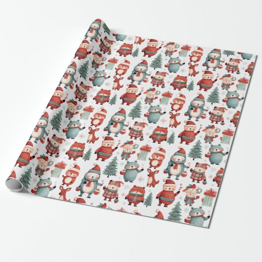 Rode Mint Rendier Beer Sinterklaas Patroon Kerstmi Cadeaupapier (Uitgerold)