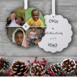 Rode Mistletoe Wit Monogram Fotocollage Familie Ornament Kaart<br><div class="desc">Familie kerstversiering gepersonaliseerd met vier familiefoto's,  uw initiaal,  familienaam en het jaar. Kerstversiering afgedrukt met vier familiefoto's rond uw initiaal.</div>