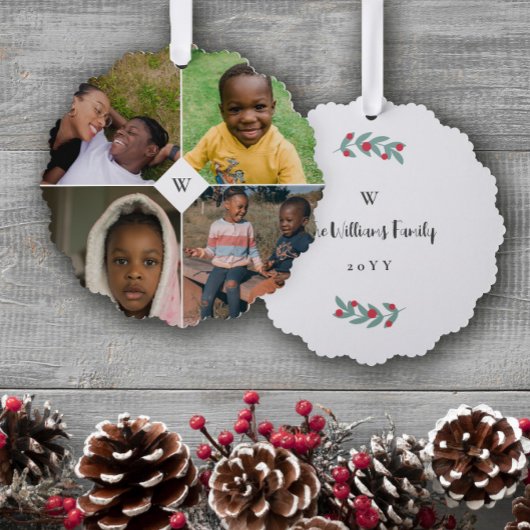 Rode Mistletoe Wit Monogram Fotocollage Familie Ornament Kaart