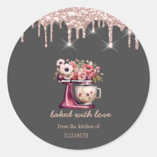 Rode Mixer Bloemen Roze Goud Druppels Bakkerij Ronde Sticker