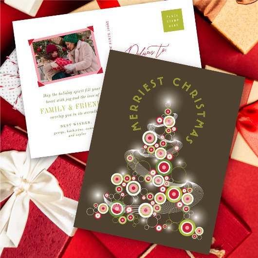 Rode moddercirkels die Abstracte kerstboom glanzen Feestdagenkaart