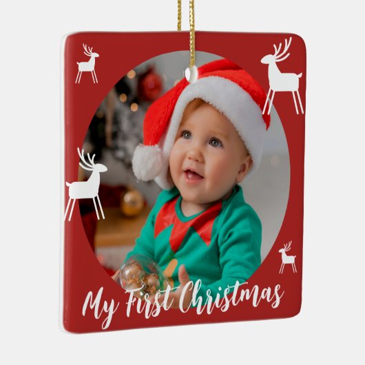Rode Moderne Baby Eerste Kerstfoto Keramisch Ornament (Rechts)