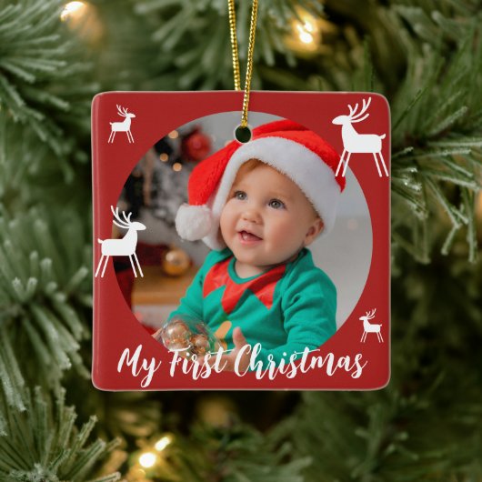 Rode Moderne Baby Eerste Kerstfoto Keramisch Ornament (Boom)