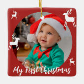 Rode Moderne Baby Eerste Kerstfoto Keramisch Ornament (Voorkant)
