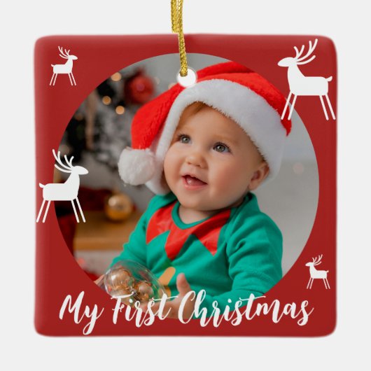 Rode Moderne Baby Eerste Kerstfoto Keramisch Ornament (Voorkant)