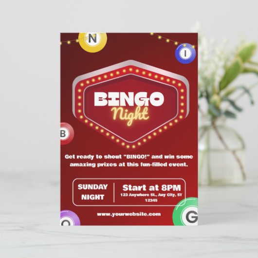 Rode moderne bingo avond uitnodigingen (Staand voorkant)
