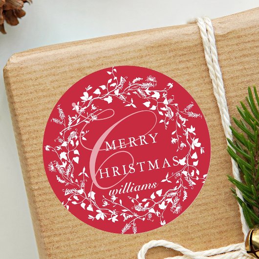 Rode Moderne Boho Wildflower krans Kerstmis Ronde Sticker