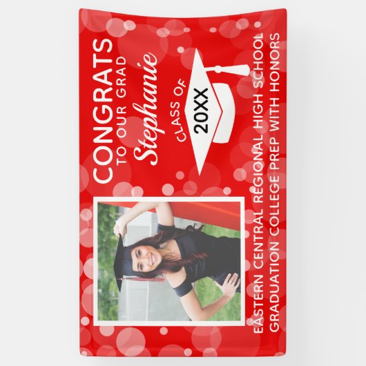 Rode Moderne Bubbels Gefeliciteerd Foto Afstuderen Spandoek (Verticaal)