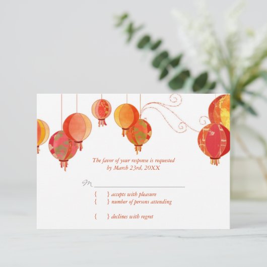Rode Moderne Document Lantaarns Witte Huwelijk RSV RSVP Kaartje (Staand voorkant)