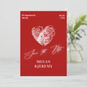 Rode moderne hart vingerafdruk trouw save the date (Staand voorkant)