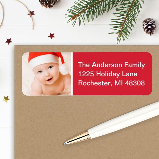 Rode moderne kerstfoto adres etiket