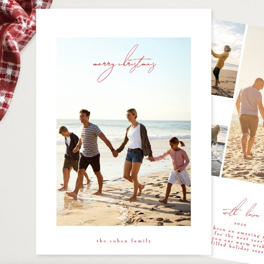 rode moderne kerstkaart met kalligrafie en fotolij