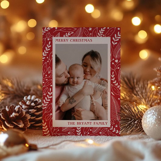 Rode moderne kunstwerklijst met hulst en bladeren feestdagenkaart