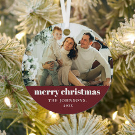 Rode moderne minimalistische vrolijke kerstfoto metalen ornament