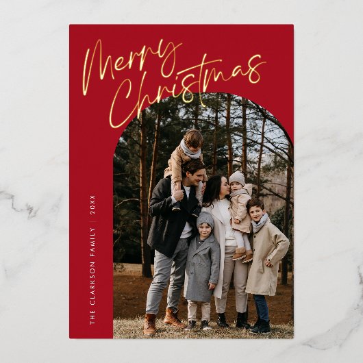 Rode moderne script Kerstmis boog 2 foto Folie Feestdagenkaart (Voorkant)