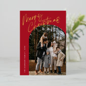 Rode moderne script Kerstmis boog 2 foto Folie Feestdagenkaart (Staand Voorkant)