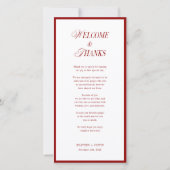 Rode moderne trouwmenu en achterkant van bedankbri bedankkaart (Achterkant)