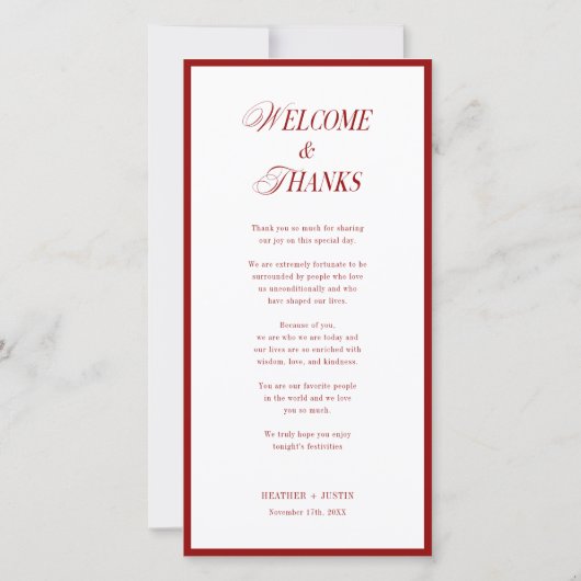 Rode moderne trouwmenu en achterkant van bedankbri bedankkaart (Achterkant)