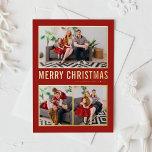 Rode Moderne Typografie Kerst Drie Foto Folie Feestdagenkaart<br><div class="desc">vrolijk kerstfeest! Stuur kerstgroeten naar familie en vrienden met deze aanpasbare gouden folie kerstkaart. Het heeft een eenvoudige typografie en een kerstboom. De teksten zijn volledig aanpasbaar voor elke begroeting. Deze moderne kerstkaart is verkrijgbaar in andere folie kleuren.</div>