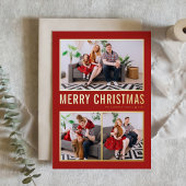 Rode Moderne Typografie Kerst Drie Foto Folie Feestdagenkaart