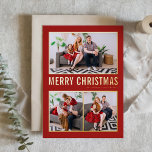 Rode Moderne Typografie Kerst Drie Foto Folie Feestdagenkaart<br><div class="desc">vrolijk kerstfeest! Stuur kerstgroeten naar familie en vrienden met deze aanpasbare gouden folie kerstkaart. Het heeft een eenvoudige typografie en een kerstboom. De teksten zijn volledig aanpasbaar voor elke begroeting. Deze moderne kerstkaart is verkrijgbaar in andere folie kleuren.</div>