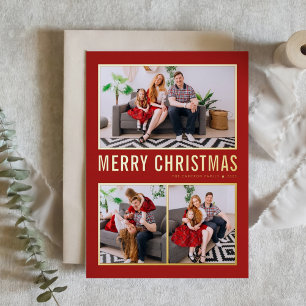 Rode Moderne Typografie Kerst Drie Foto Folie Feestdagenkaart