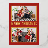 Rode Moderne Typografie Kerst Drie Foto Folie Feestdagenkaart (Voorkant)