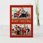 Rode Moderne Typografie Kerst Drie Foto Folie Feestdagenkaart (Voorkant)