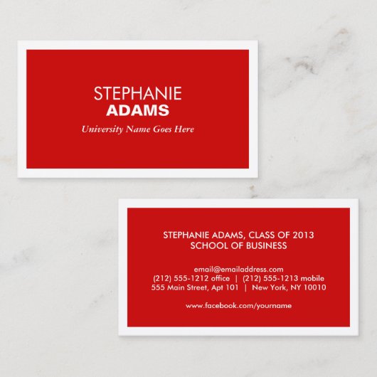 RODE MODERNE VISITEKAARTJE VOOR COLLEGE STUDENTEN CONTACTKAARTJE (Voorkant / Achterkant)