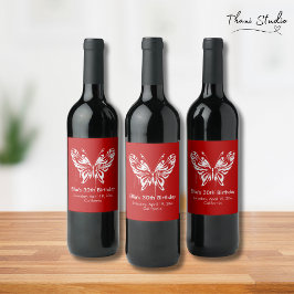 Rode Moderne Vlinder Verjaardag Aanpasbare Tekst Wijn Etiket