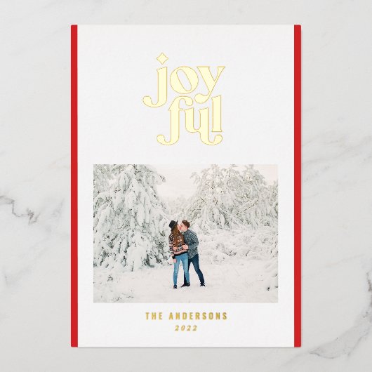 Rode moderne vrolijke 1 foto  folie feestdagenkaart (Voorkant)