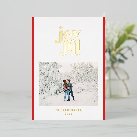 Rode moderne vrolijke 1 foto  folie feestdagenkaart (Staand Voorkant)