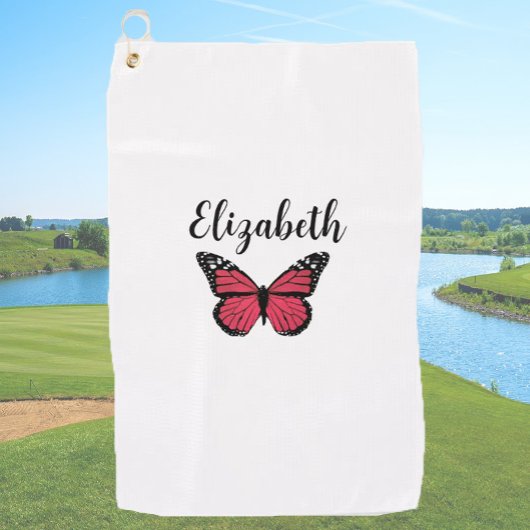 rode monarch vlinder aangepaste naam dames golfhanddoek