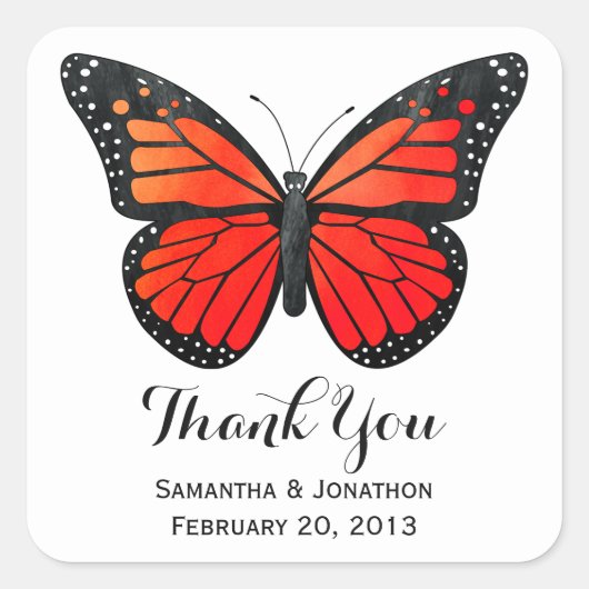 Rode Monarch Vlinder Bruiloft Dank u Vierkante Sticker (Voorkant)