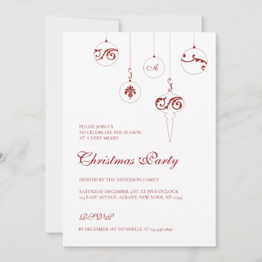 Rode Monogram Bauble Ornamenten Kerstfeest Kaart (Voorkant)